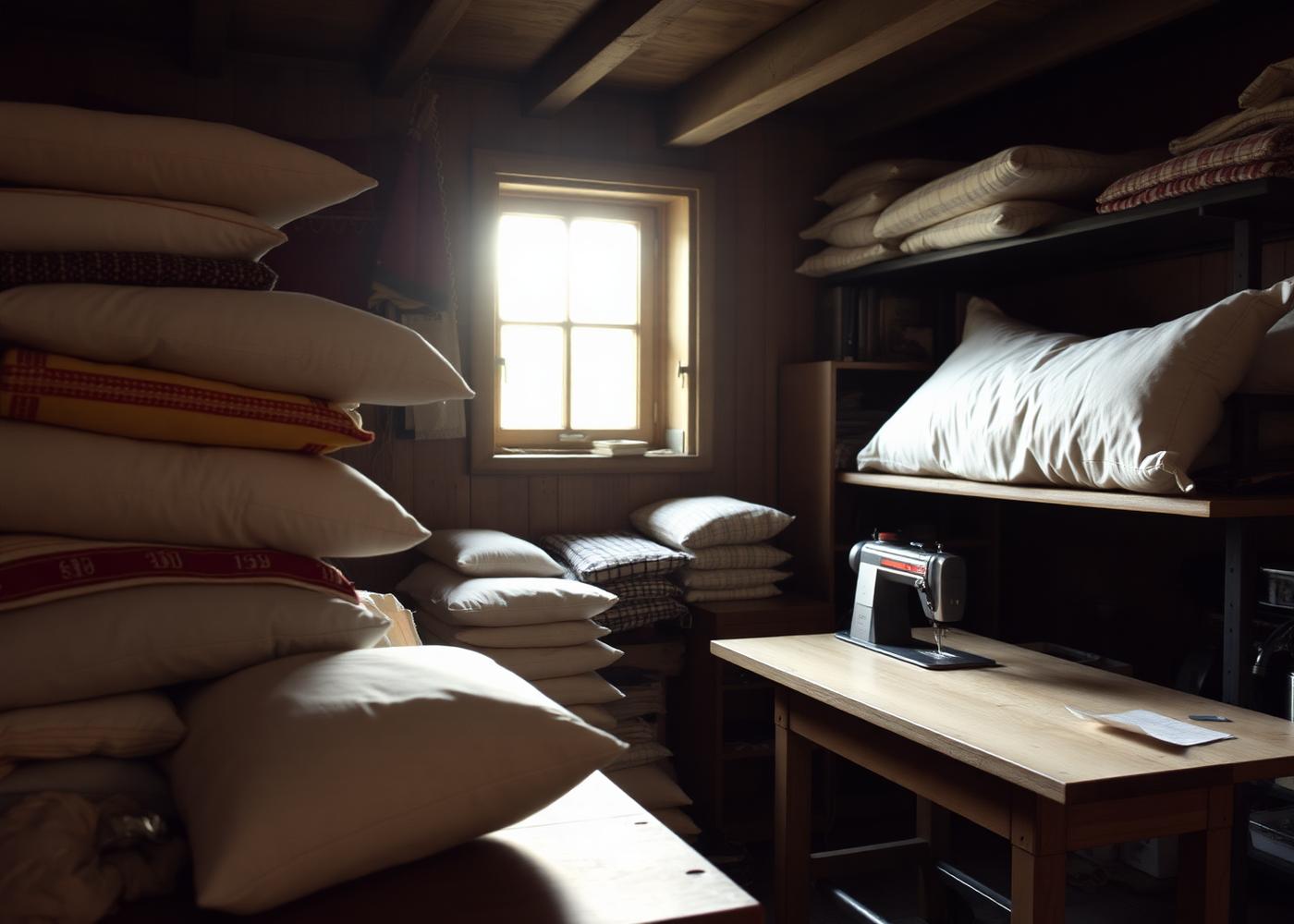 Stacks of finished pillows and fabric bolts inside the Rush Pillows workshop